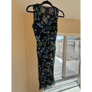 WHBM XS Blue Green Floral Ruched Dress V Neck Black Green
